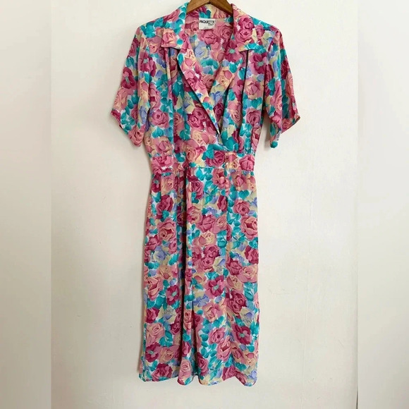 Vintage Dresses & Skirts - Vintage Floral Dress Size M/L Pink Pockets Modest 80s 90s Day Dress
